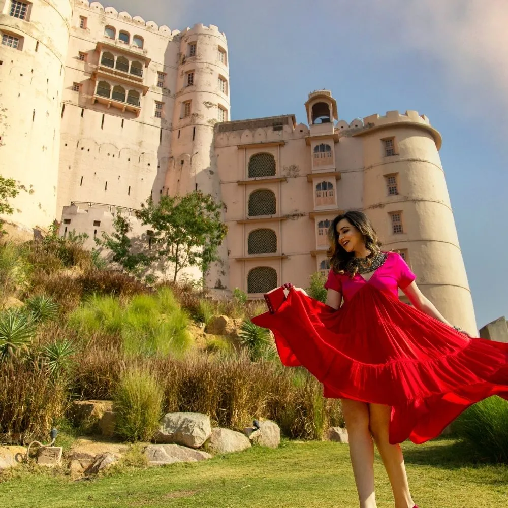 Striking Red-Pink Color Block Asymmetrical Tier Dress | Modal Silk