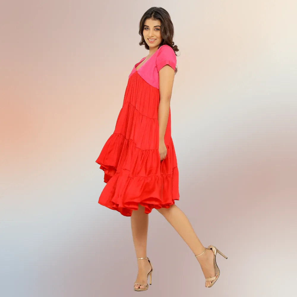 Striking Red-Pink Color Block Asymmetrical Tier Dress | Modal Silk
