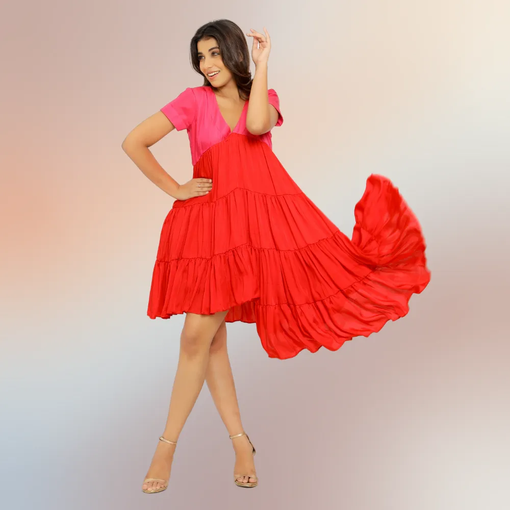 Striking Red-Pink Color Block Asymmetrical Tier Dress | Modal Silk