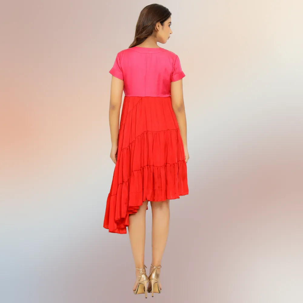 Striking Red-Pink Color Block Asymmetrical Tier Dress | Modal Silk