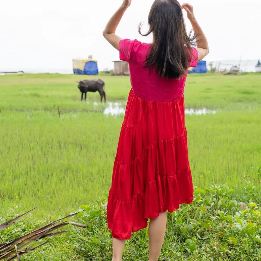 Striking Red-Pink Color Block Asymmetrical Tier Dress | Modal Silk