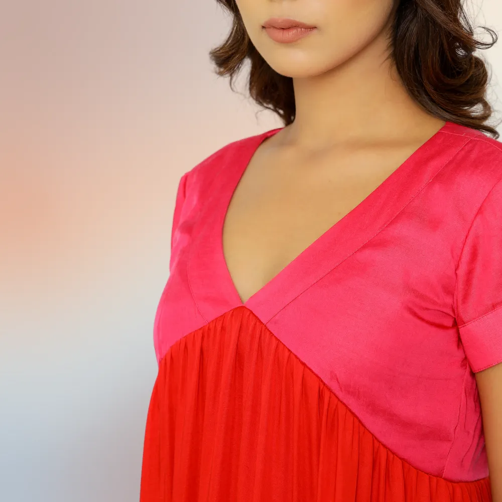 Striking Red-Pink Color Block Asymmetrical Tier Dress | Modal Silk