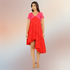 Striking Red-Pink Color Block Asymmetrical Tier Dress | Modal Silk