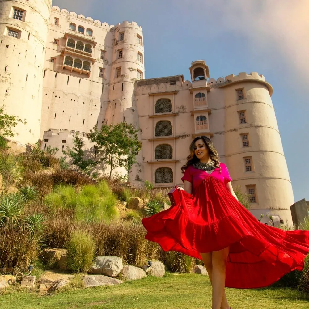 Striking Red-Pink Color Block Asymmetrical Tier Dress | Modal Silk