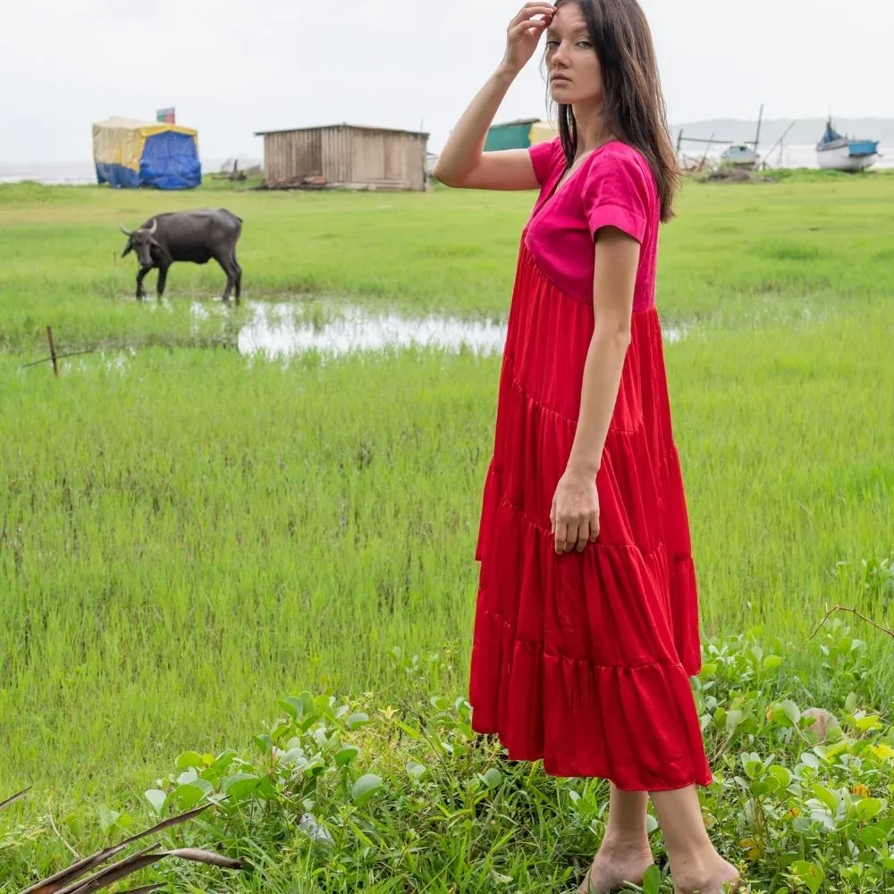 Striking Red-Pink Color Block Asymmetrical Tier Dress | Modal Silk