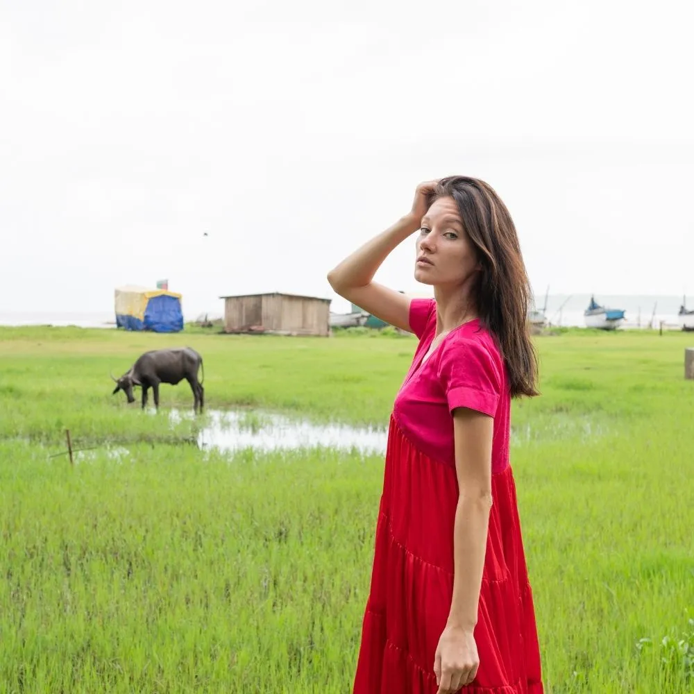Striking Red-Pink Color Block Asymmetrical Tier Dress | Modal Silk