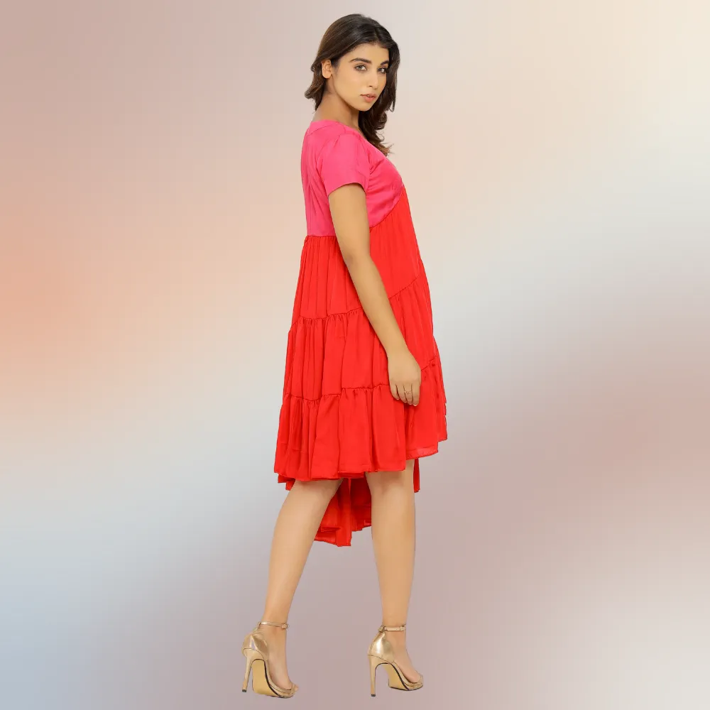 Striking Red-Pink Color Block Asymmetrical Tier Dress | Modal Silk