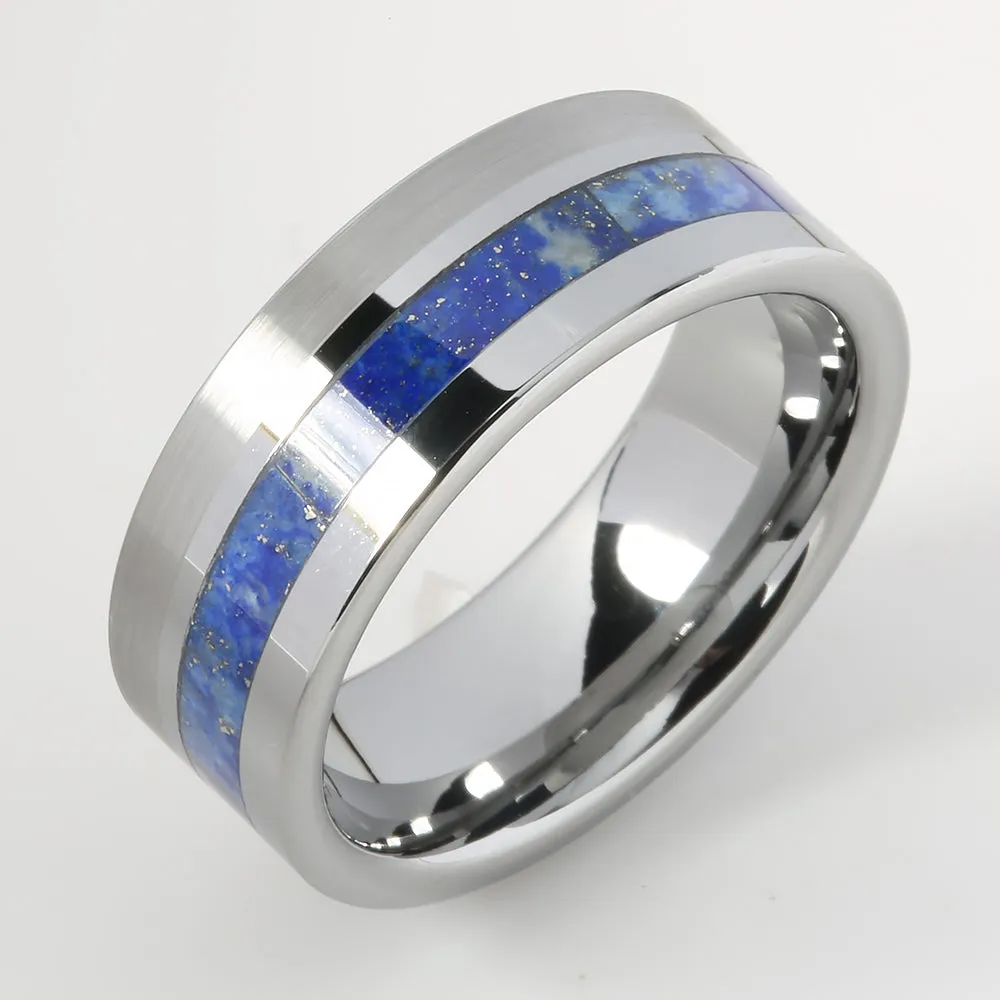 Tungsten Lapis Lazuli Inlaid Flat Brushed Wedding Ring 8mm