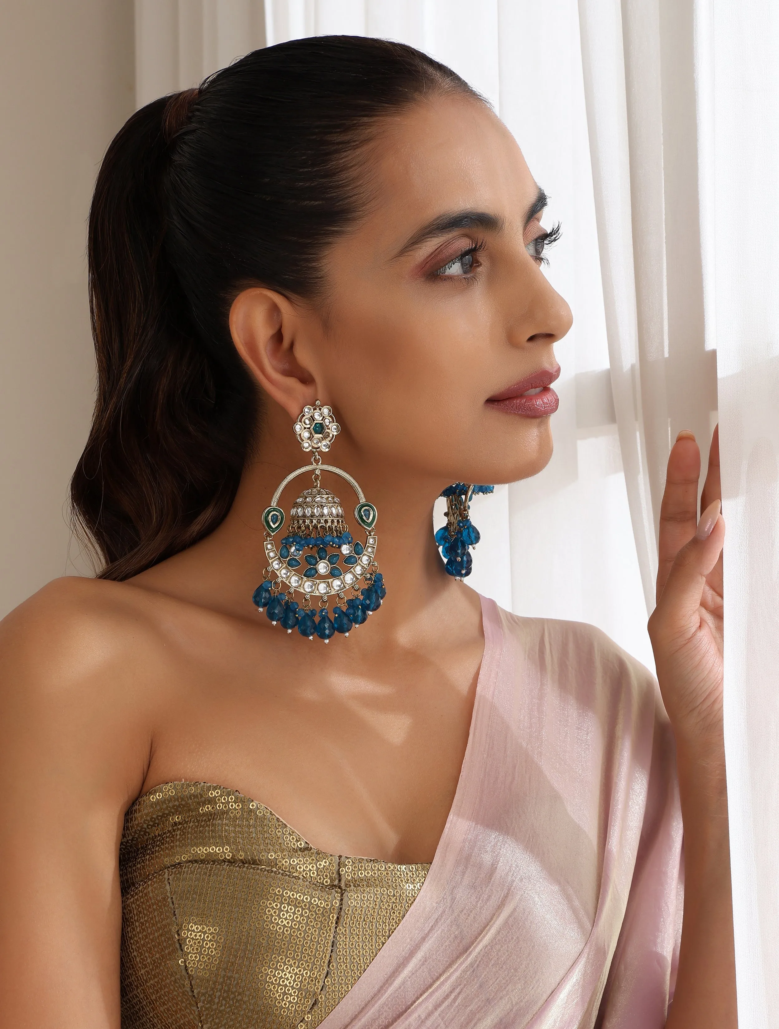 Turquoise Blue Round Color Kundan Jhumka Earrings