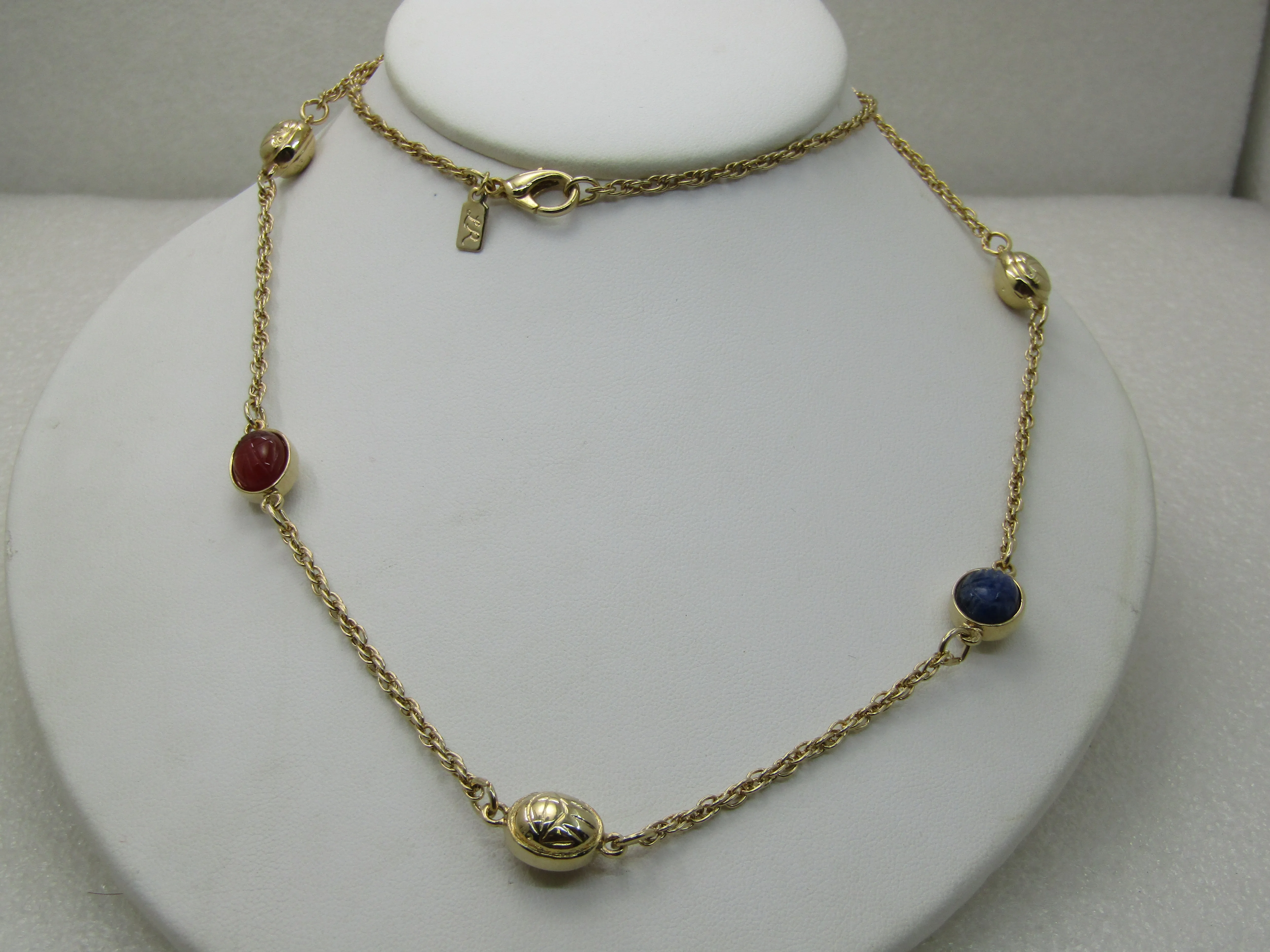 Vintage Scarab Necklace Signed LR, Lady Remington, 28", Gold Tone